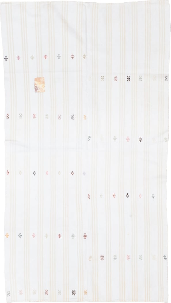 4' x 7' one-of-a-kind handmade antique Flatweave rug. Color palette: ivory, cream, taupe, camel, rose, rust, charcoal, gold