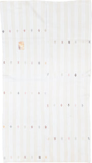 4' x 7' one-of-a-kind handmade antique Flatweave rug. Color palette: ivory, cream, taupe, camel, rose, rust, charcoal, gold