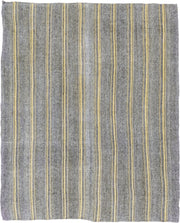 7' x 9' one-of-a-kind handmade antique Flatweave rug. Color palette: gray, ivory, gold, charcoal, black