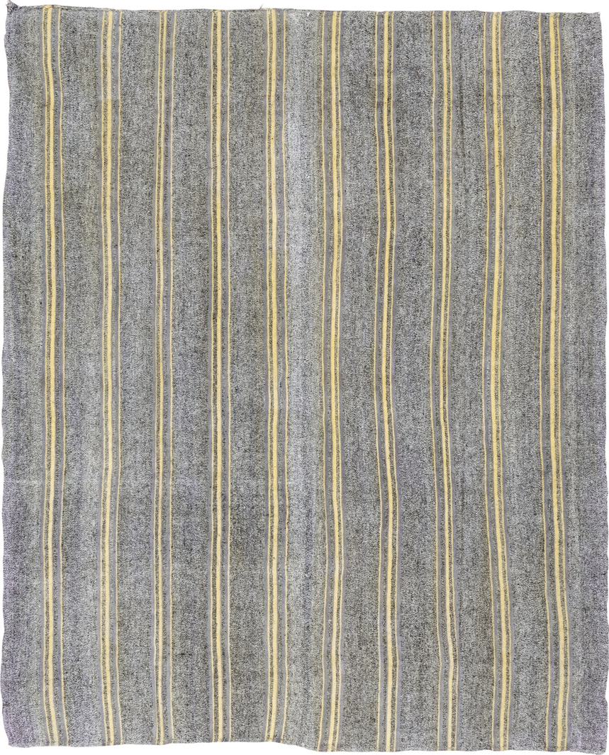 7' x 9' one-of-a-kind handmade vintage Flatweave rug. Color palette: brown, dark gray, dim gray, gainsboro, gray, light gray