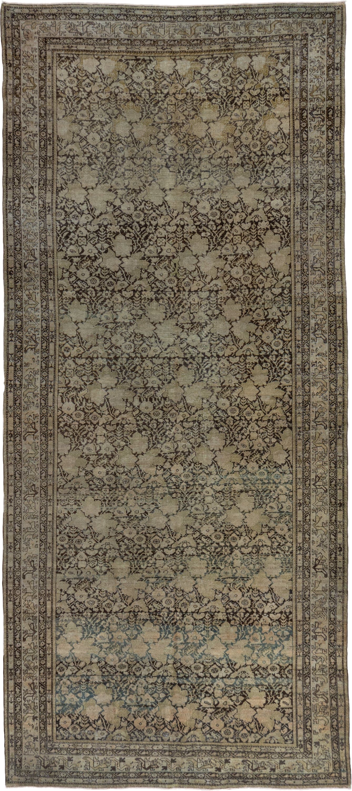 7' x 15' one-of-a-kind handmade antique Malayer rug. Color palette: ivory, taupe, brown, charcoal, pale blue, beige, gray
