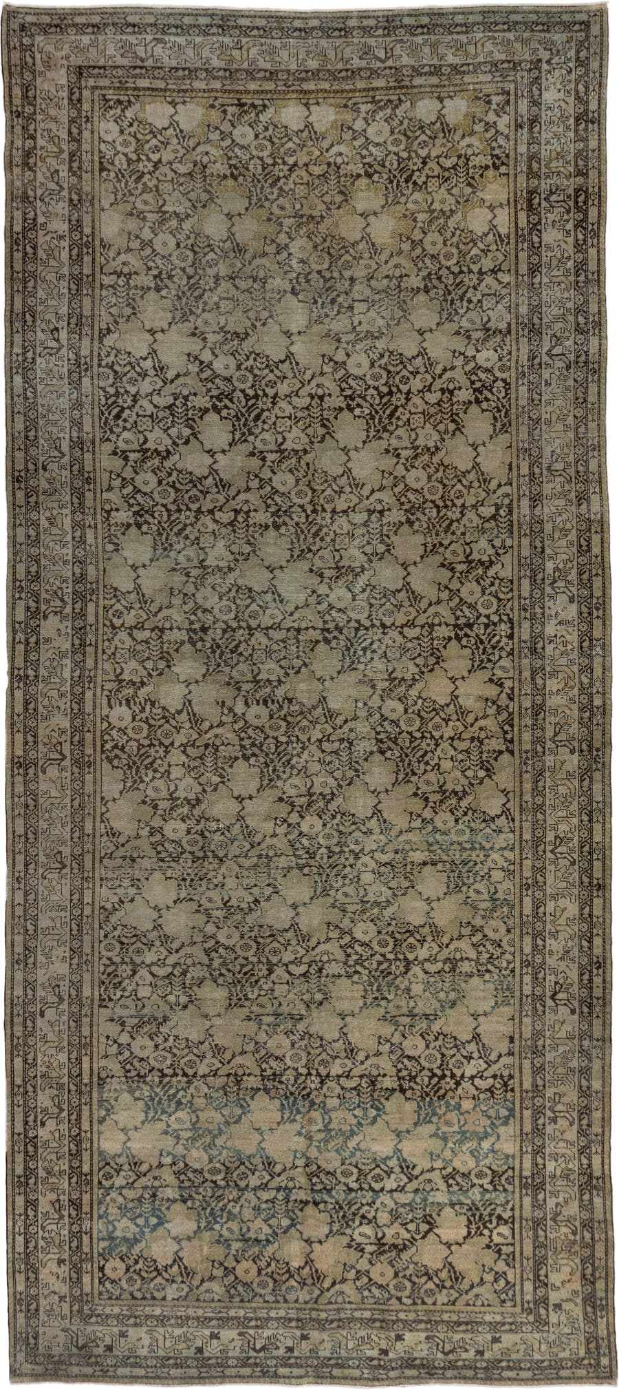 7' x 15' one-of-a-kind handmade antique Malayer rug. Color palette: ivory, taupe, brown, charcoal, pale blue, beige, gray