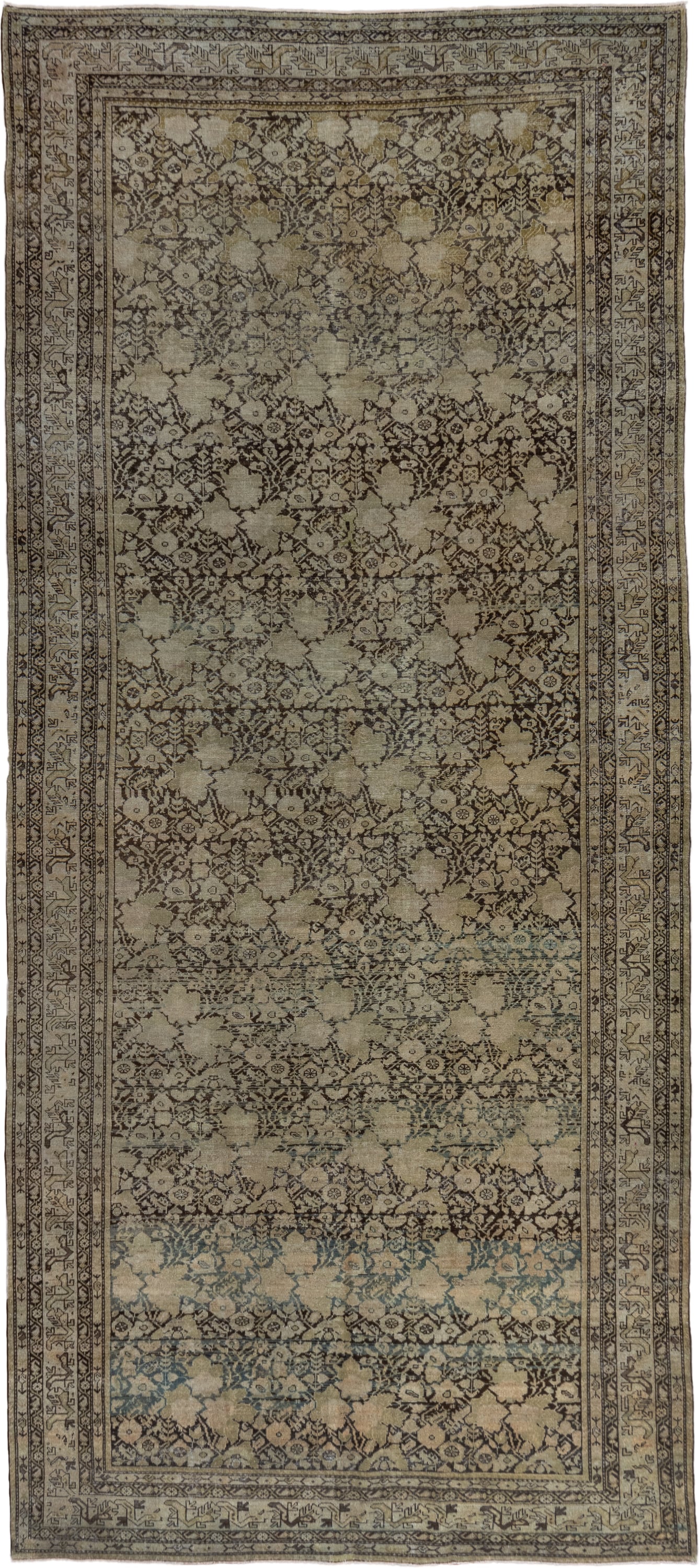 7' x 15' one-of-a-kind handmade antique Malayer rug. Color palette: ivory, taupe, brown, charcoal, pale blue, beige, gray
