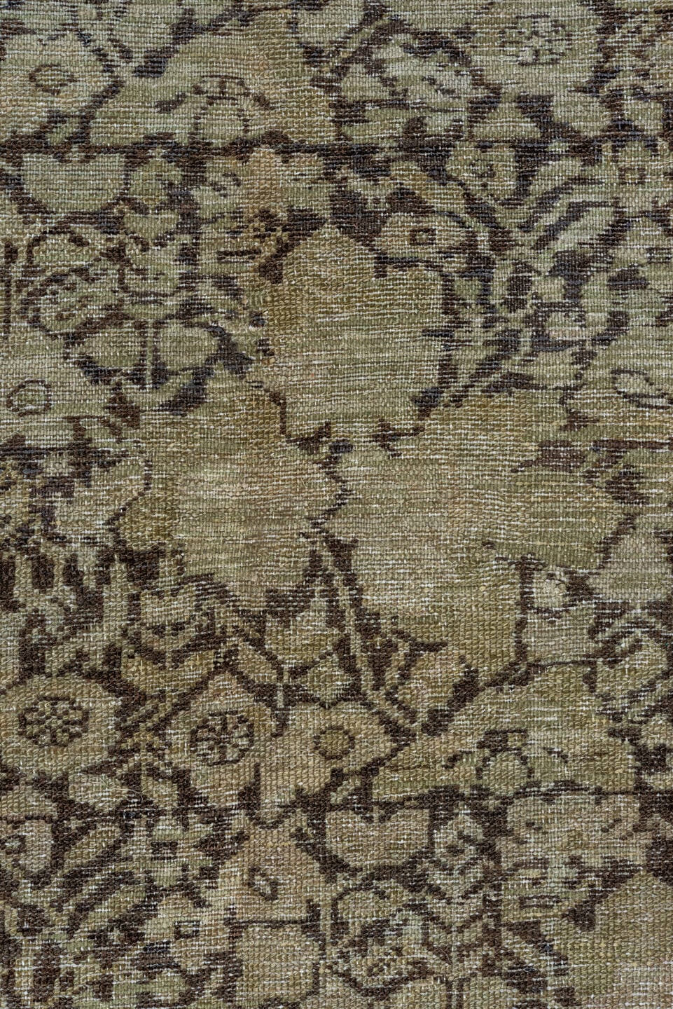 7' x 15' one-of-a-kind handmade antique Malayer rug. Color palette: ivory, taupe, brown, charcoal, pale blue, beige, gray