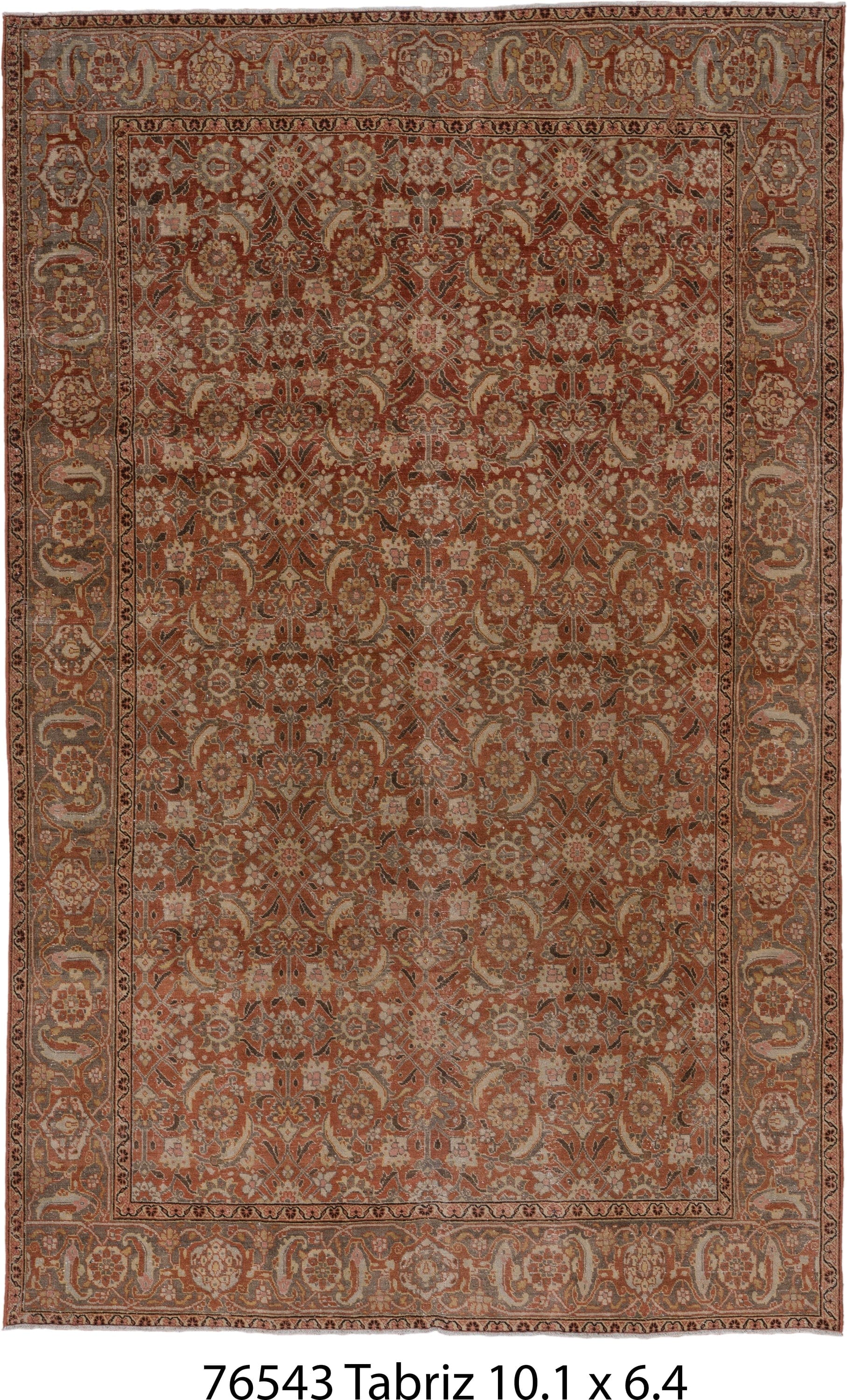 6' x 10' one-of-a-kind handmade antique Tabriz large size rug. Color palette: terra cotta, rust, slate, ivory, taupe, camel