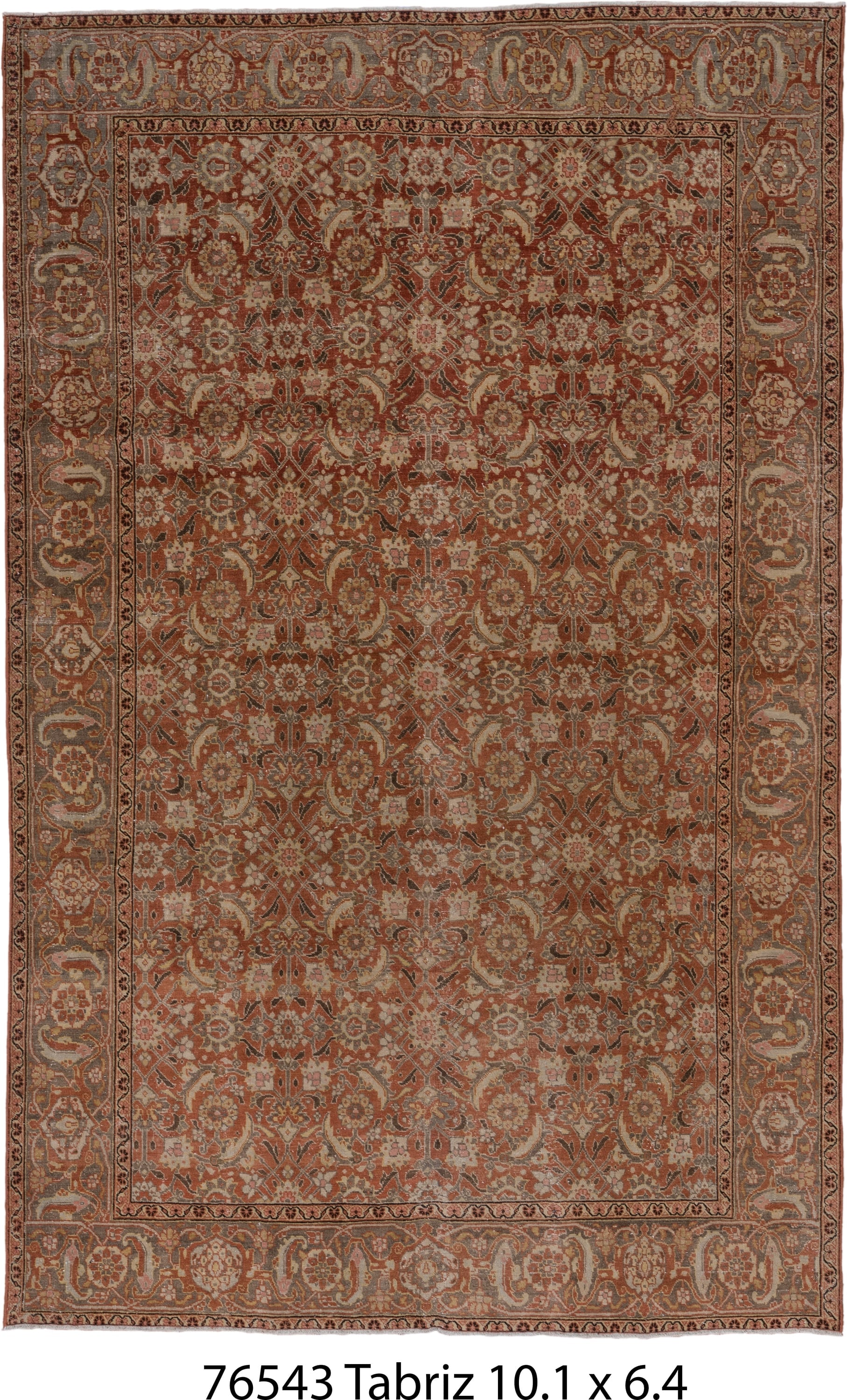 6' x 10' one-of-a-kind handmade antique Tabriz large size rug. Color palette: terra cotta, rust, slate, ivory, taupe, camel