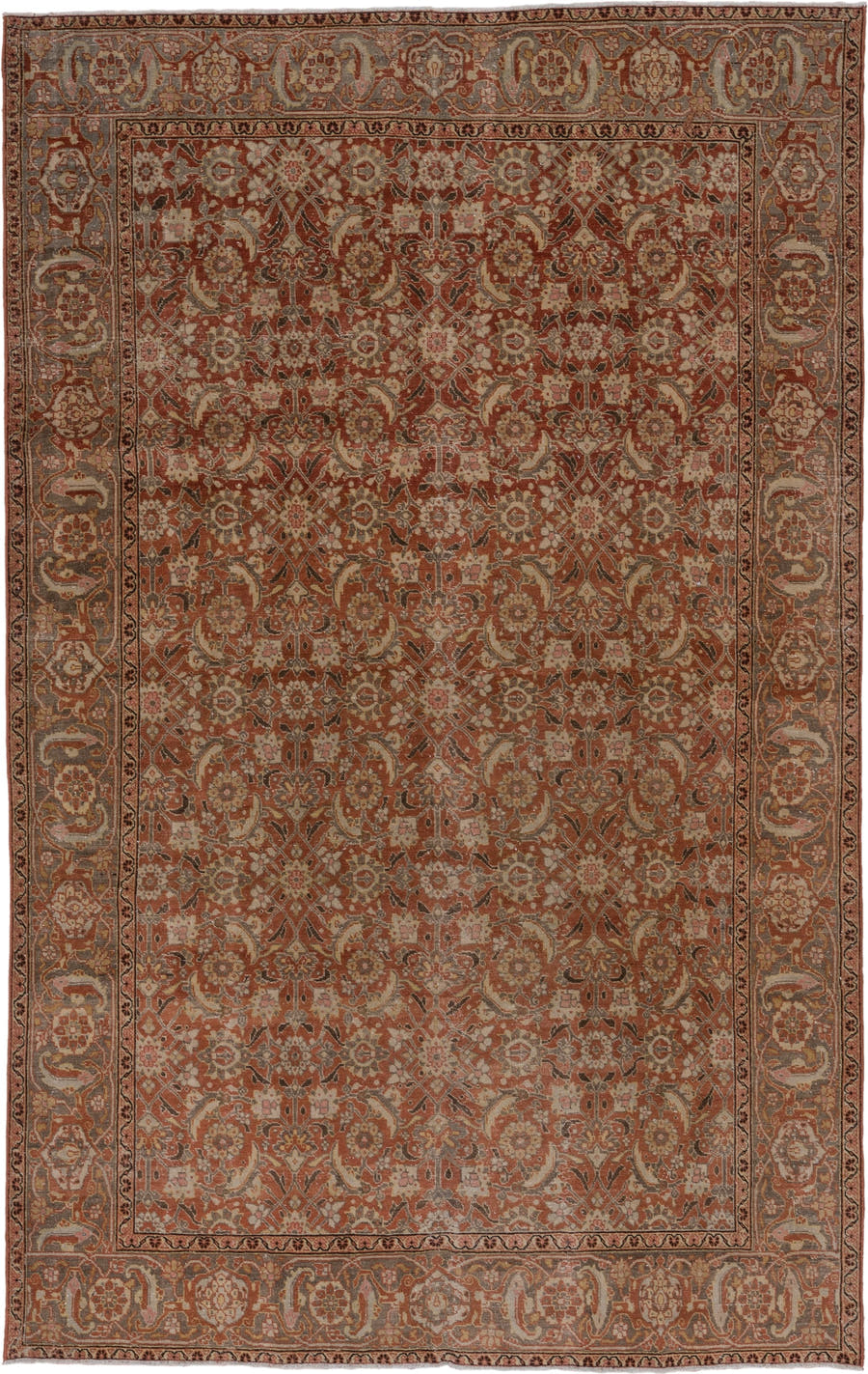 6' x 10' one-of-a-kind handmade antique Tabriz large size rug. Color palette: terra cotta, rust, slate, ivory, taupe, camel