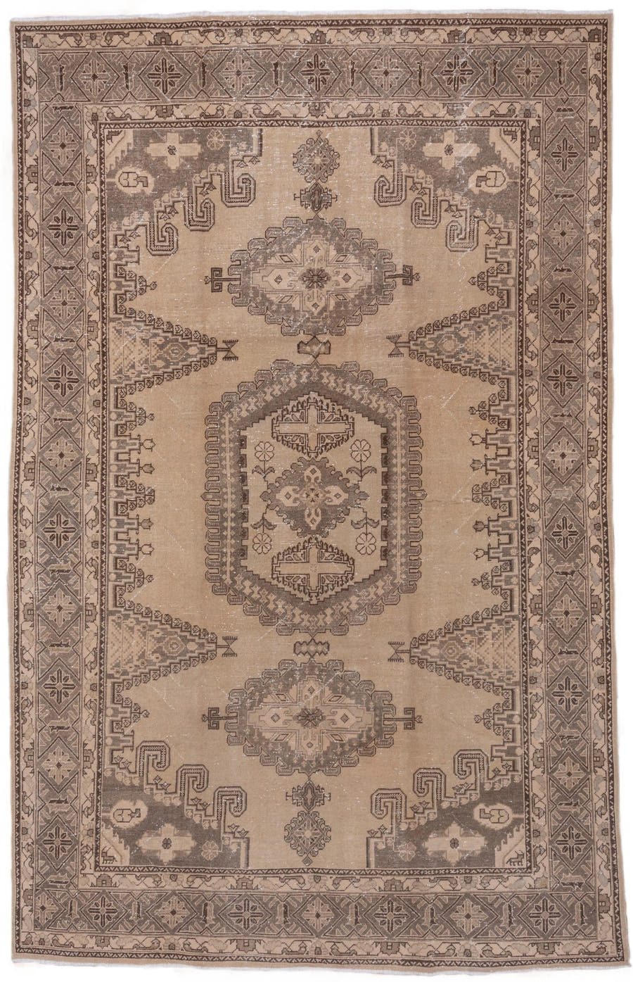 7' x 12' one-of-a-kind handmade antique Veece large size rug. Color palette: taupe, beige, brown, ivory, camel, charcoal