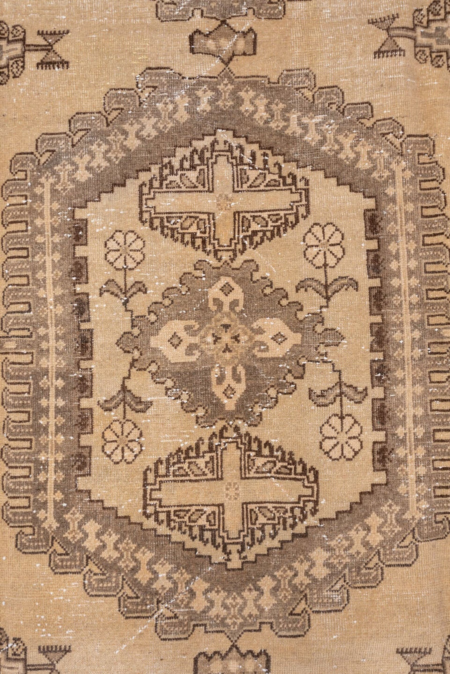7' x 12' one-of-a-kind handmade antique Veece large size rug. Color palette: taupe, beige, brown, ivory, camel, charcoal