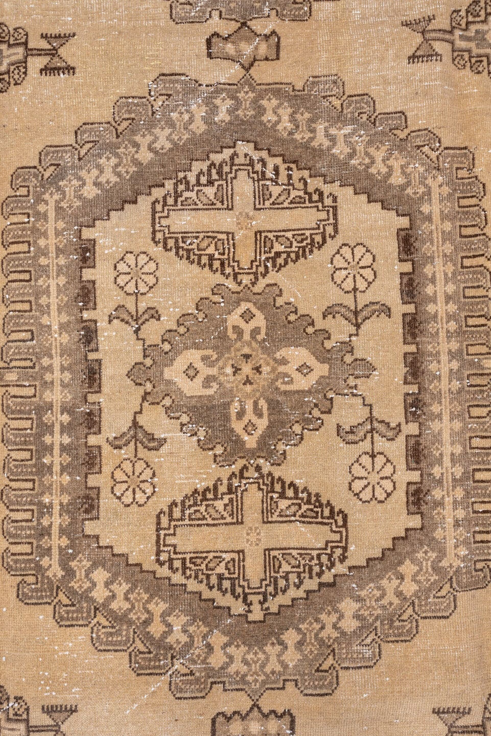 7' x 12' one-of-a-kind handmade antique Veece large size rug. Color palette: taupe, beige, brown, ivory, camel, charcoal