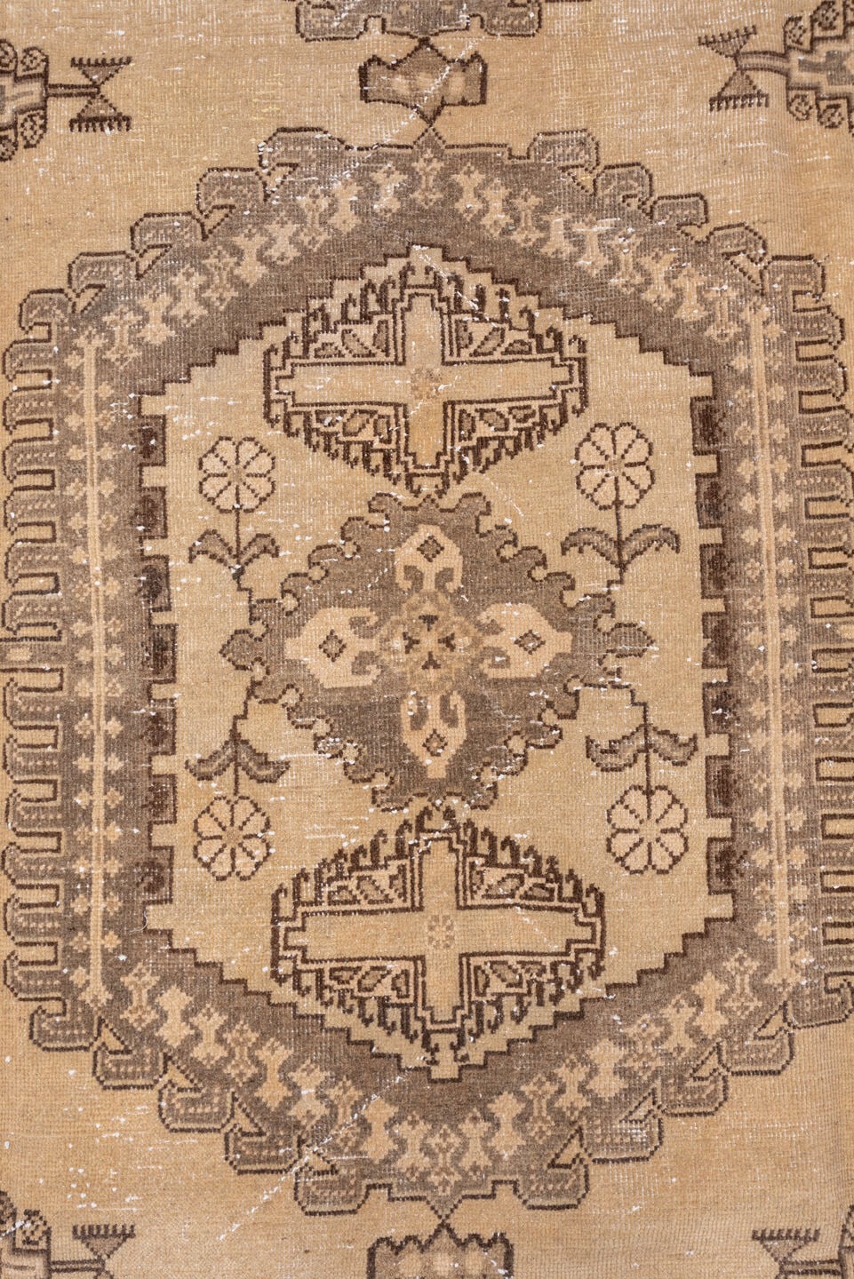 7' x 12' one-of-a-kind handmade antique Veece large size rug. Color palette: taupe, beige, brown, ivory, camel, charcoal