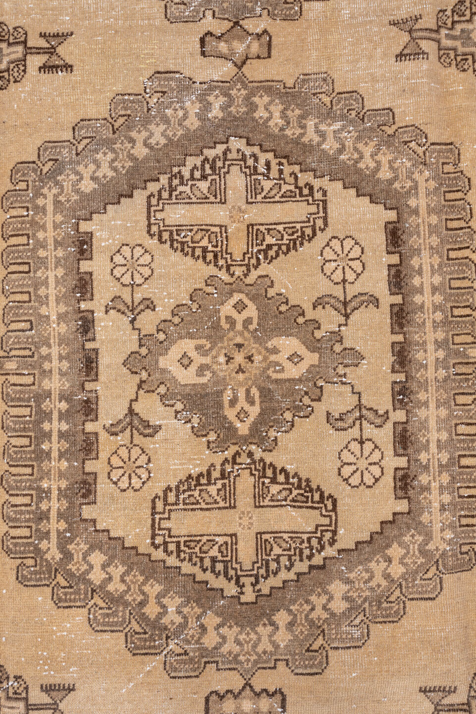 7' x 12' one-of-a-kind handmade vintage Veece large size rug. Color palette: brown, gray, light gray, off-white, orange