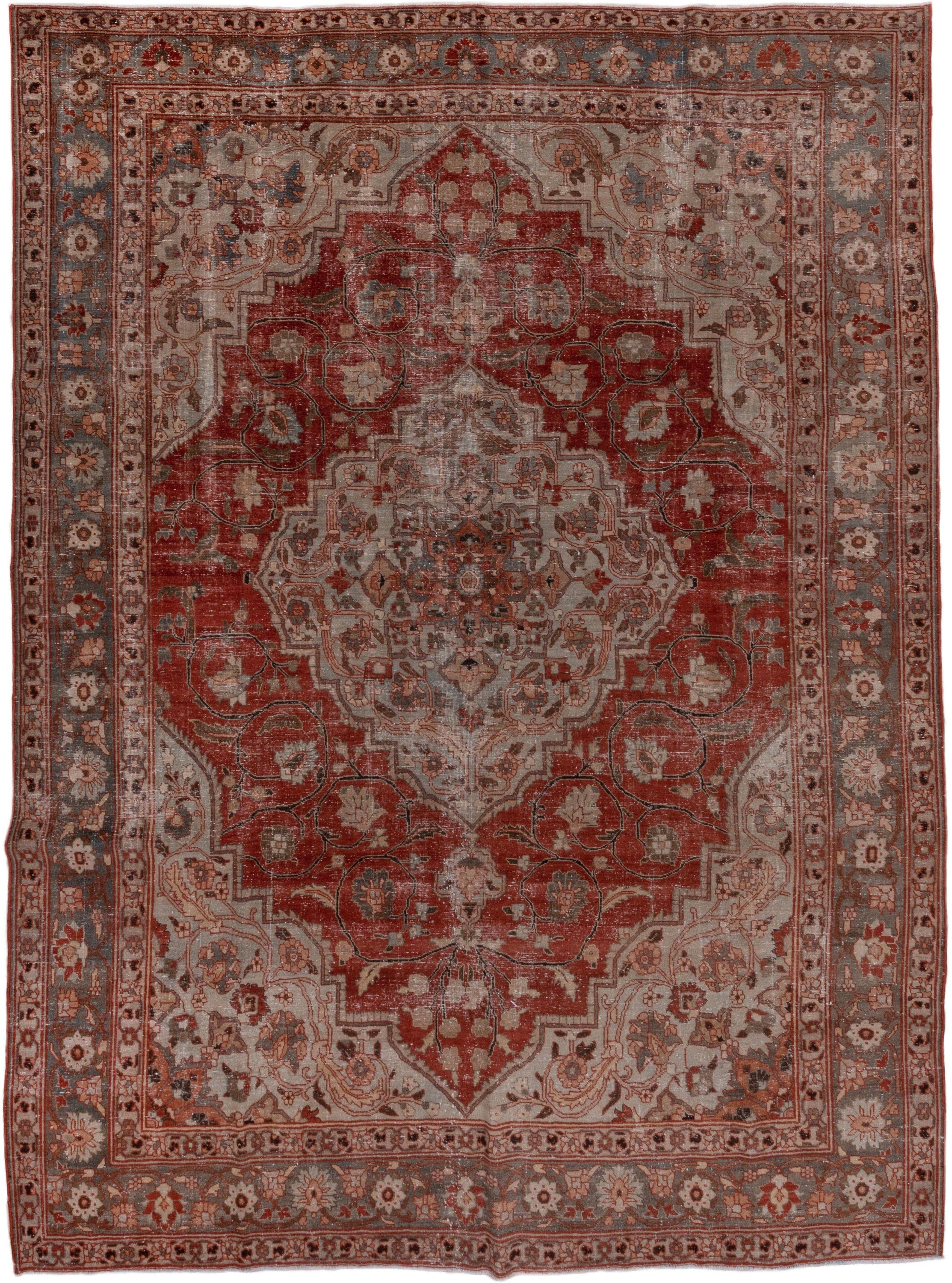 8' x 11' one-of-a-kind handmade antique Tabriz large size rug. Color palette: rust, ivory, slate, terra cotta, taupe