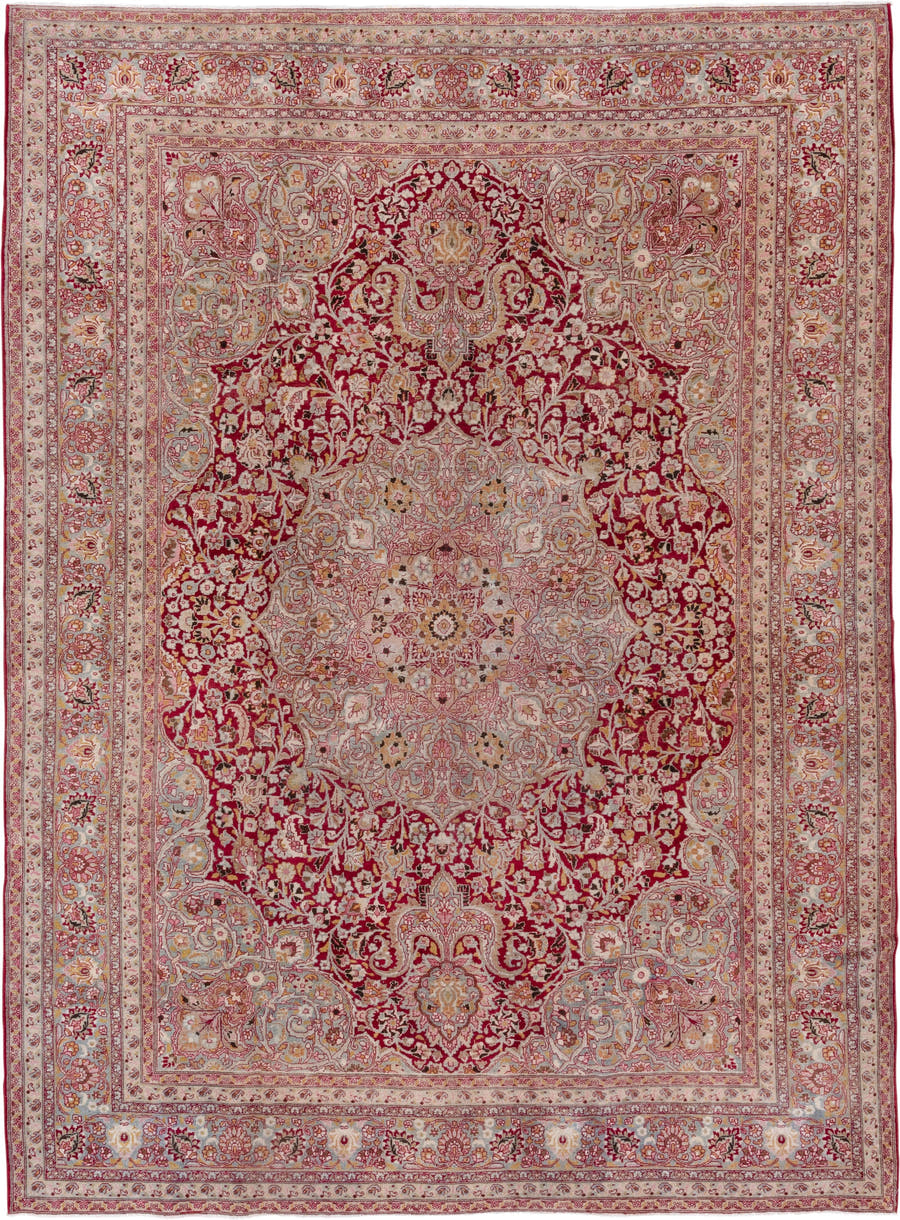 8' x 11' one-of-a-kind handmade antique Meshed large size rug. Color palette: ivory, burgundy, rose, blush, gold, sage