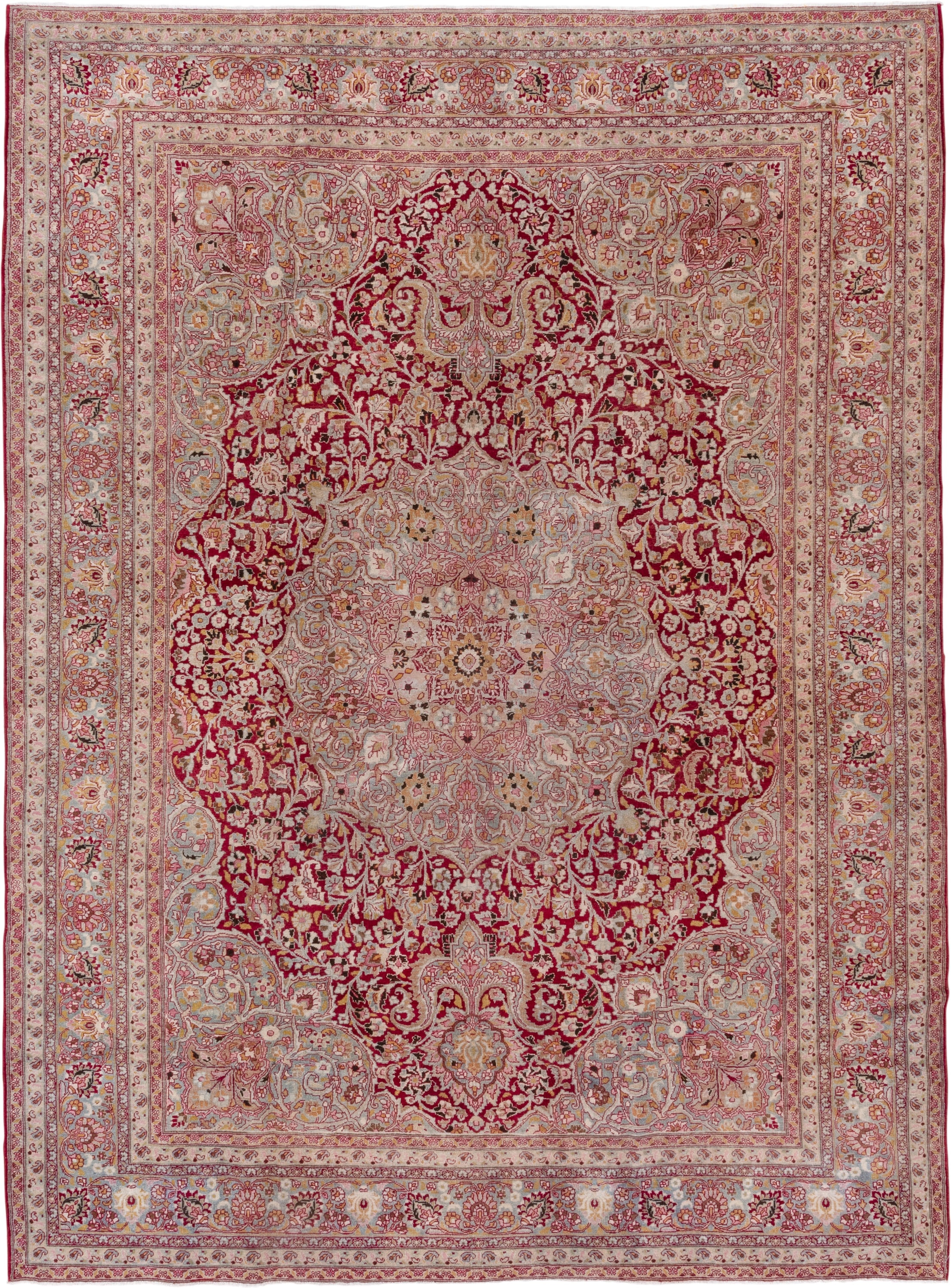 8' x 11' one-of-a-kind handmade antique Meshed large size rug. Color palette: ivory, burgundy, rose, blush, gold, sage
