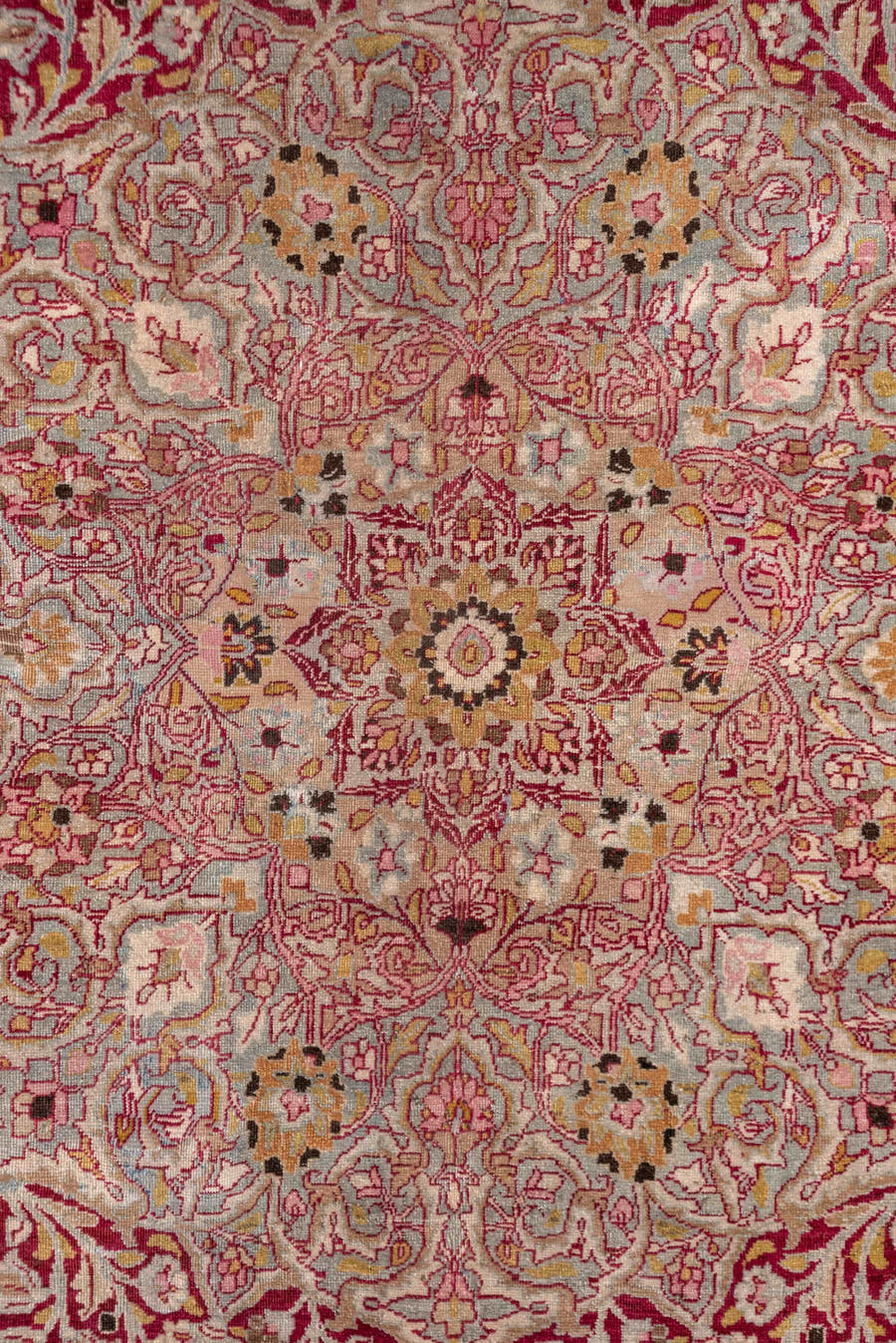8' x 11' one-of-a-kind handmade antique Meshed large size rug. Color palette: ivory, burgundy, rose, blush, gold, sage