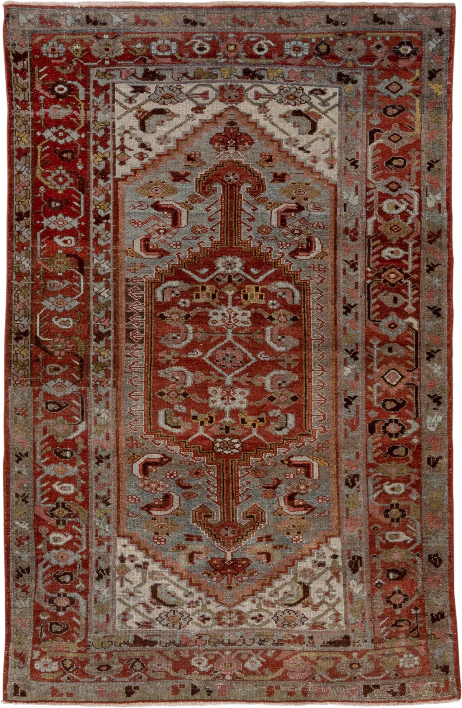 4' x 6' one-of-a-kind handmade antique Malayer small size rug. Color palette: rust, ivory, taupe, brown, camel, sage