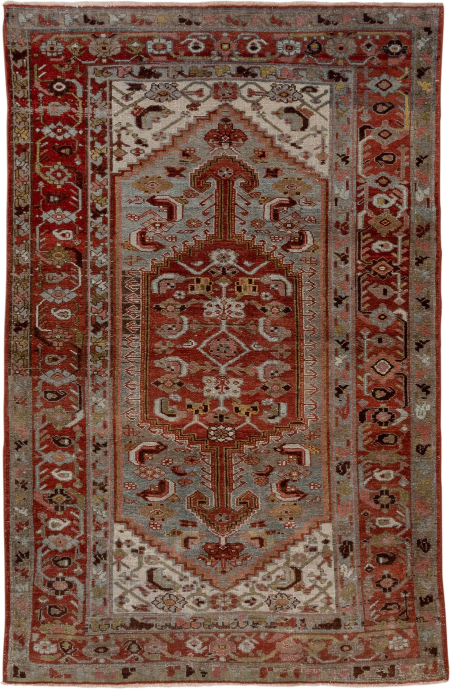 4' x 6' one-of-a-kind handmade antique Malayer small size rug. Color palette: rust, ivory, taupe, brown, camel, sage
