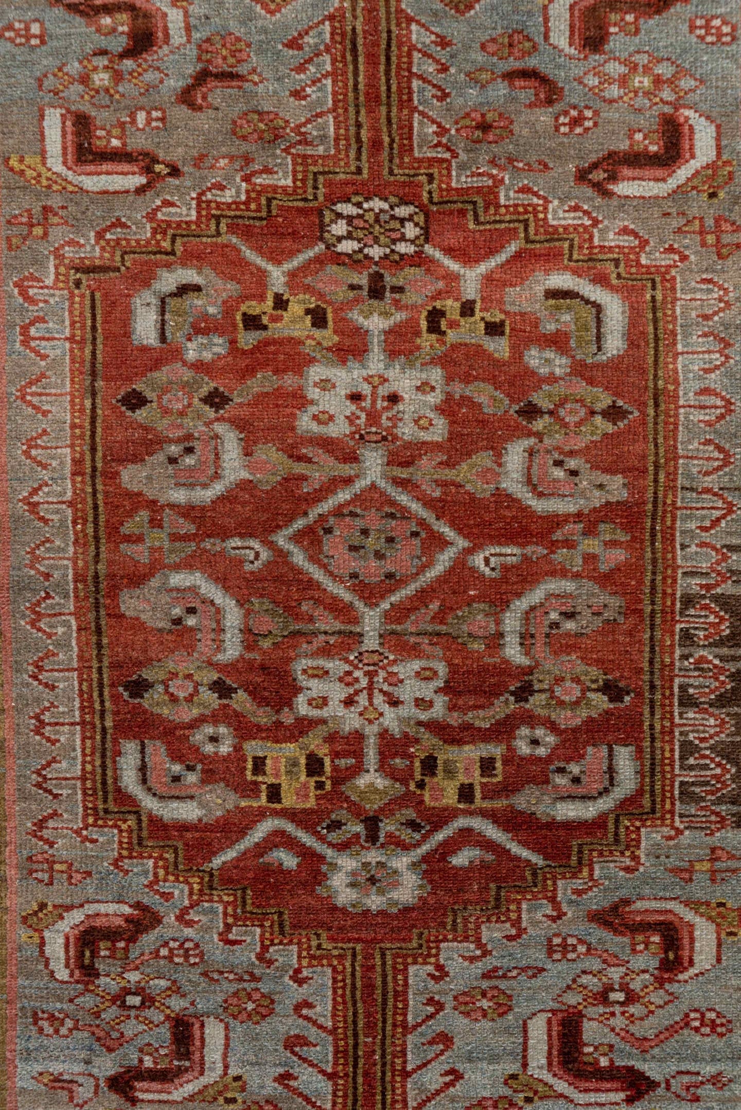 4' x 6' one-of-a-kind handmade antique Malayer small size rug. Color palette: rust, ivory, taupe, brown, camel, sage