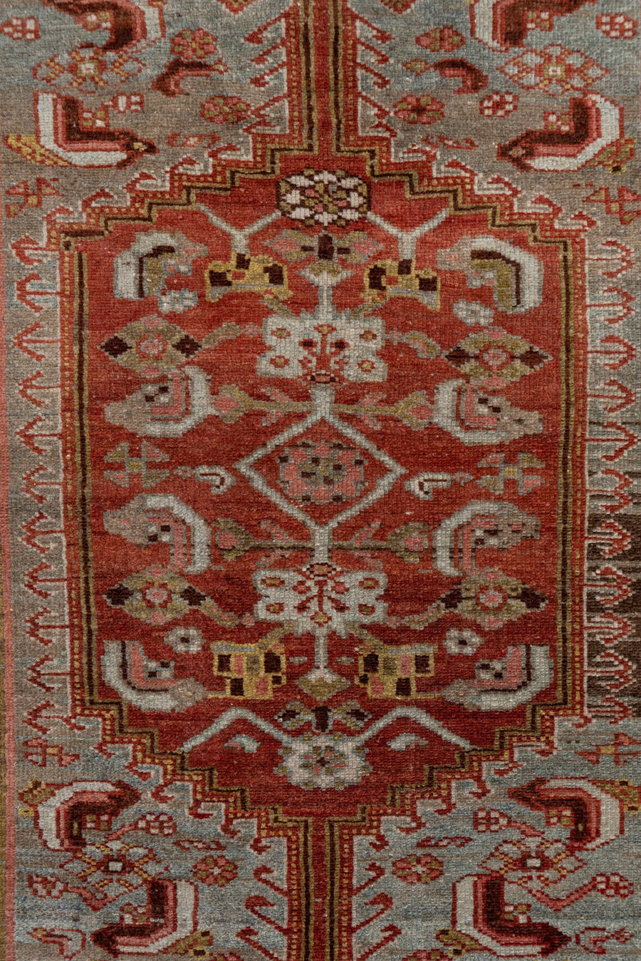 4' x 6' one-of-a-kind handmade antique Malayer small size rug. Color palette: rust, ivory, taupe, brown, camel, sage