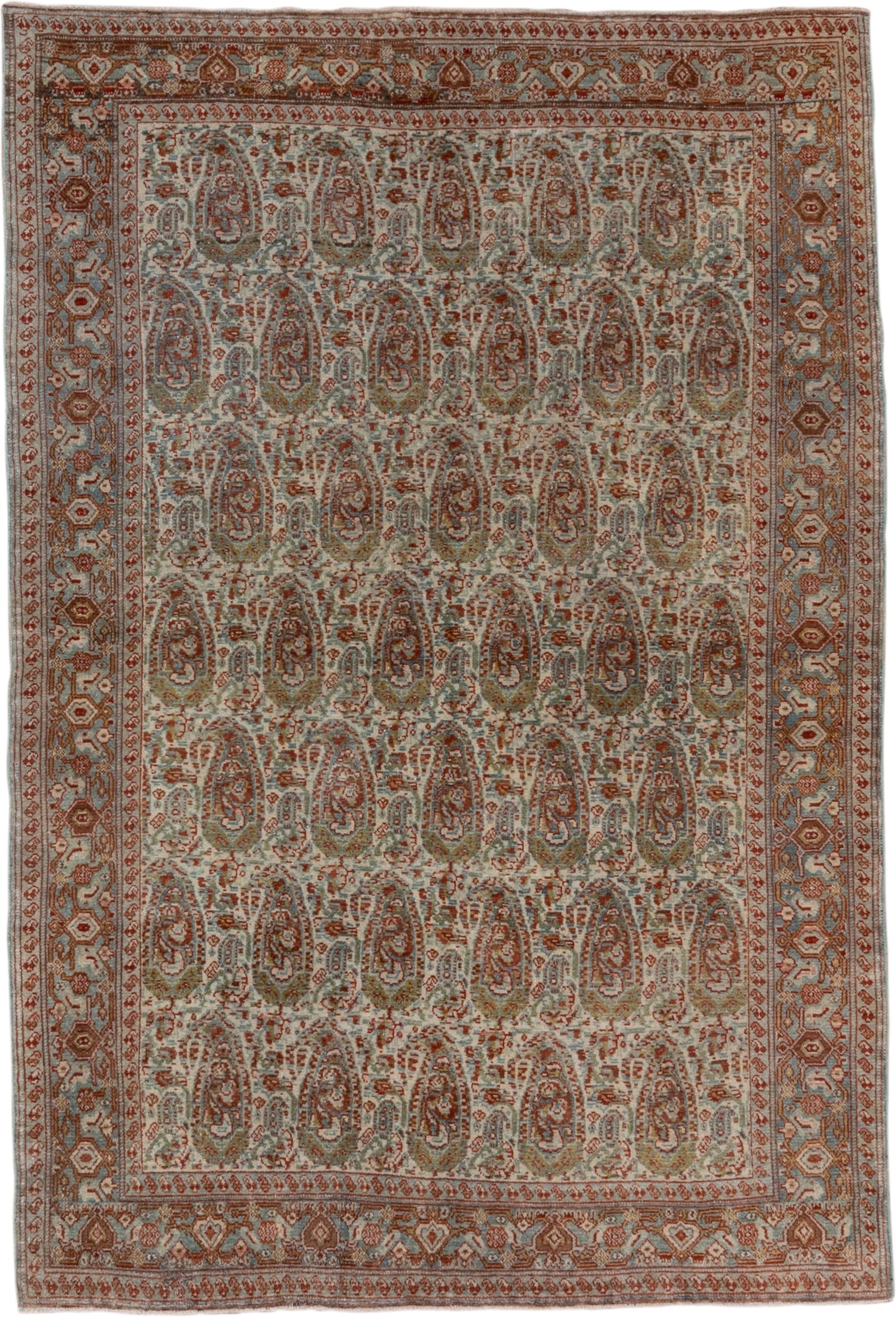 4' x 6' one-of-a-kind handmade antique Senne small size rug. Color palette: ivory, rust, light blue, sage, taupe, camel
