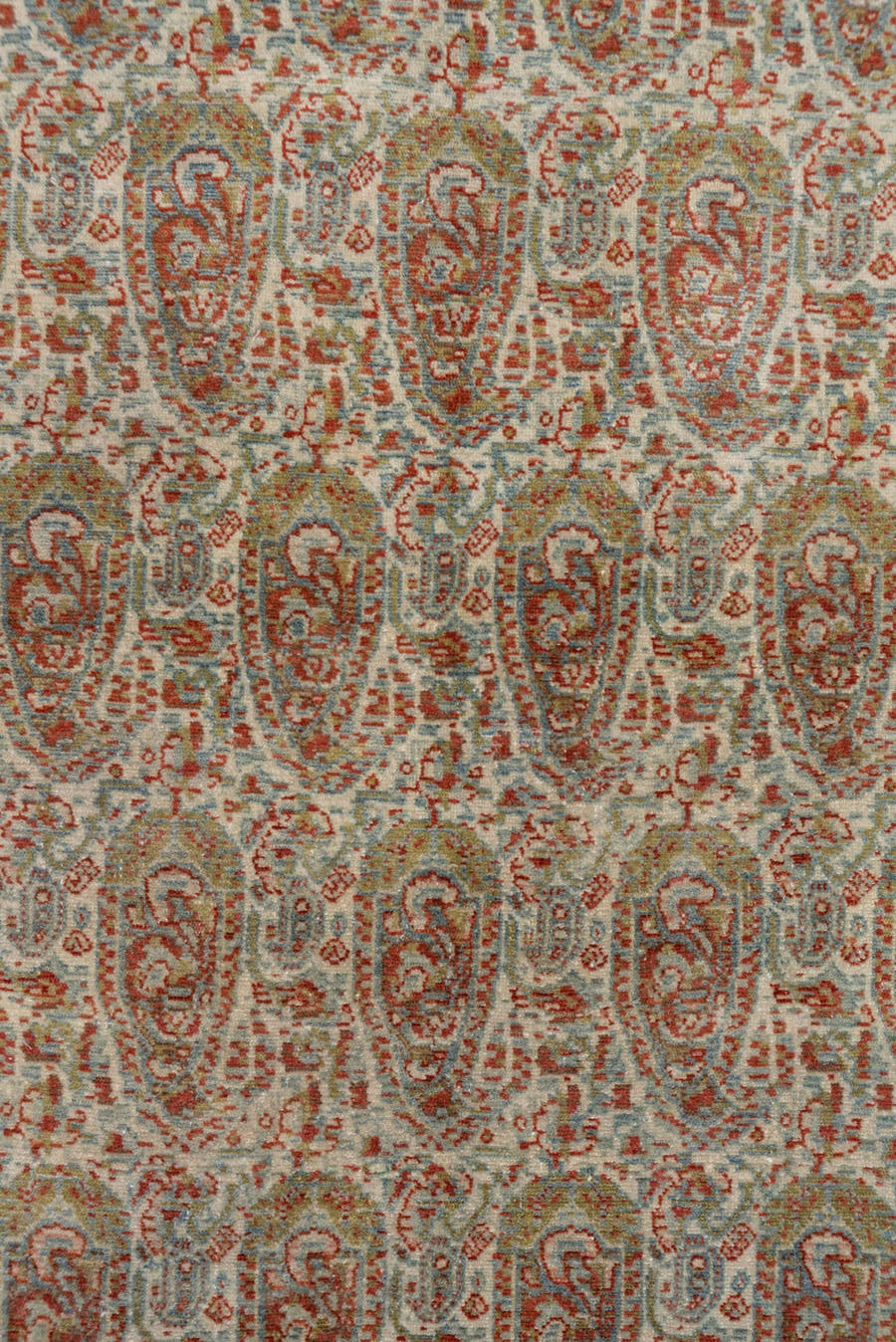 4' x 6' one-of-a-kind handmade antique Senne small size rug. Color palette: ivory, rust, light blue, sage, taupe, camel