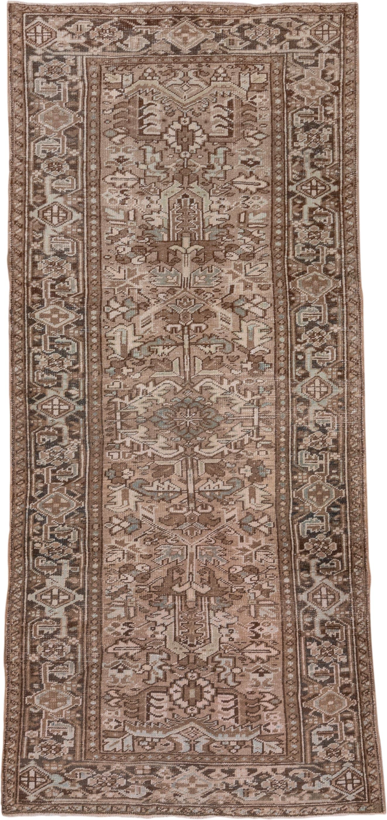 3' x 8' one-of-a-kind handmade antique Heriz runner rug. Color palette: taupe, brown, camel, ivory, beige, slate, gray