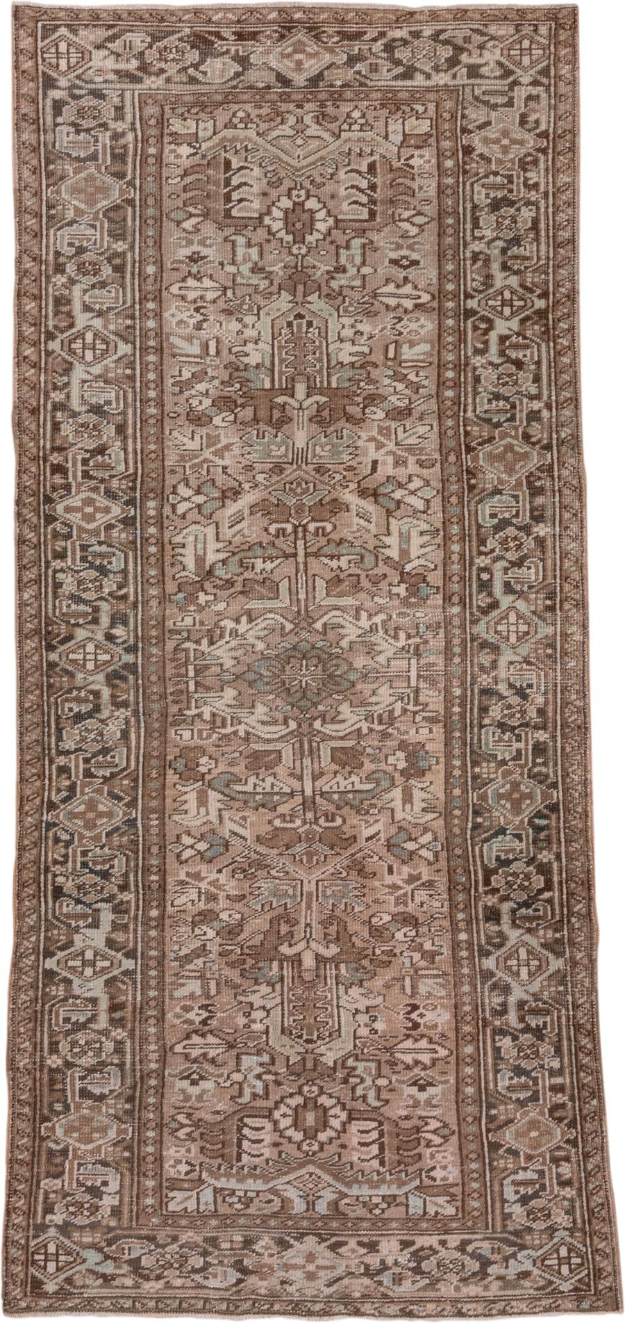 3' x 8' one-of-a-kind handmade antique Heriz runner rug. Color palette: taupe, brown, camel, ivory, beige, slate, gray