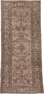 3' x 8' one-of-a-kind handmade antique Heriz runner rug. Color palette: taupe, brown, camel, ivory, beige, slate, gray
