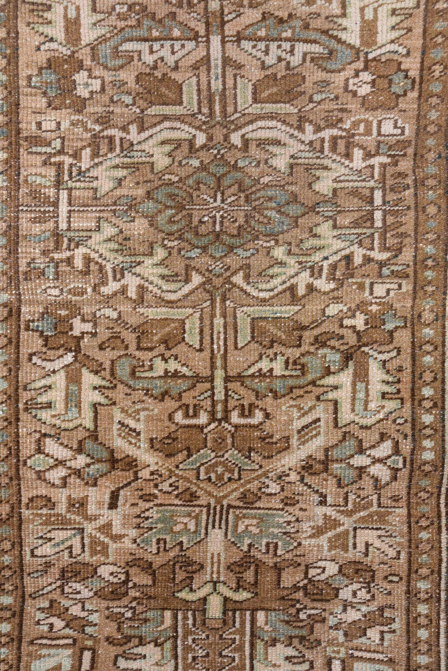 3' x 8' one-of-a-kind handmade antique Heriz runner rug. Color palette: taupe, brown, camel, ivory, beige, slate, gray
