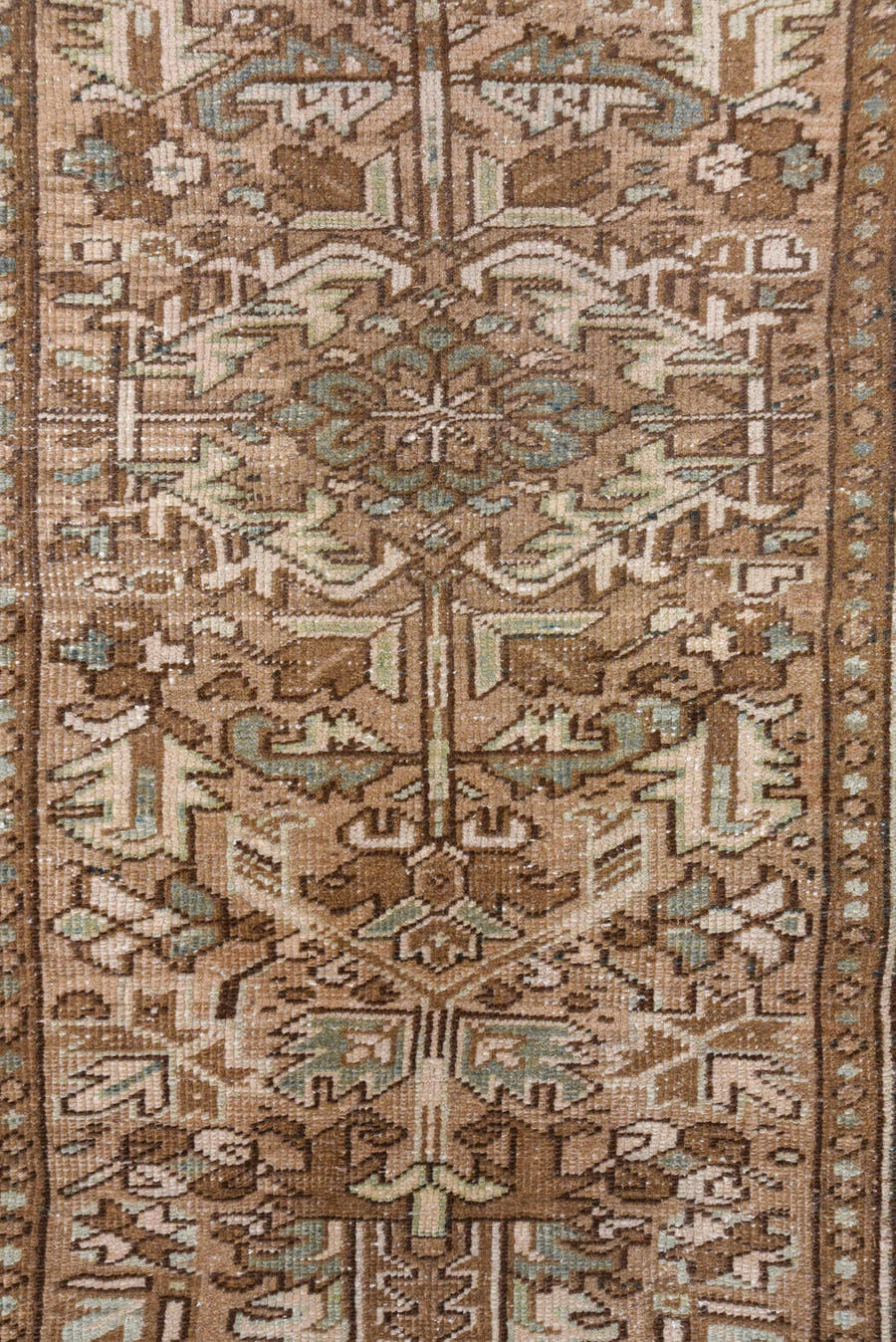 3' x 8' one-of-a-kind handmade antique Heriz runner rug. Color palette: taupe, brown, camel, ivory, beige, slate, gray