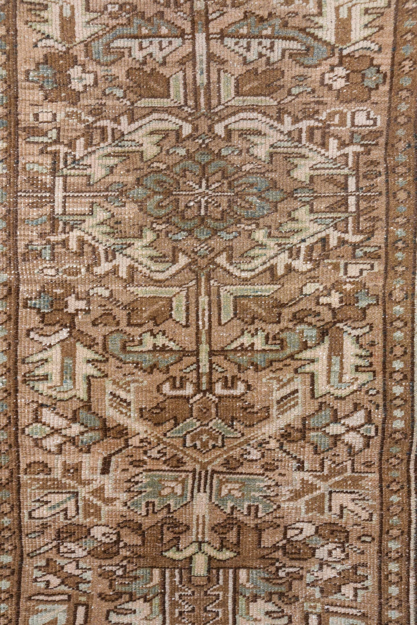 3' x 8' one-of-a-kind handmade antique Heriz runner rug. Color palette: taupe, brown, camel, ivory, beige, slate, gray