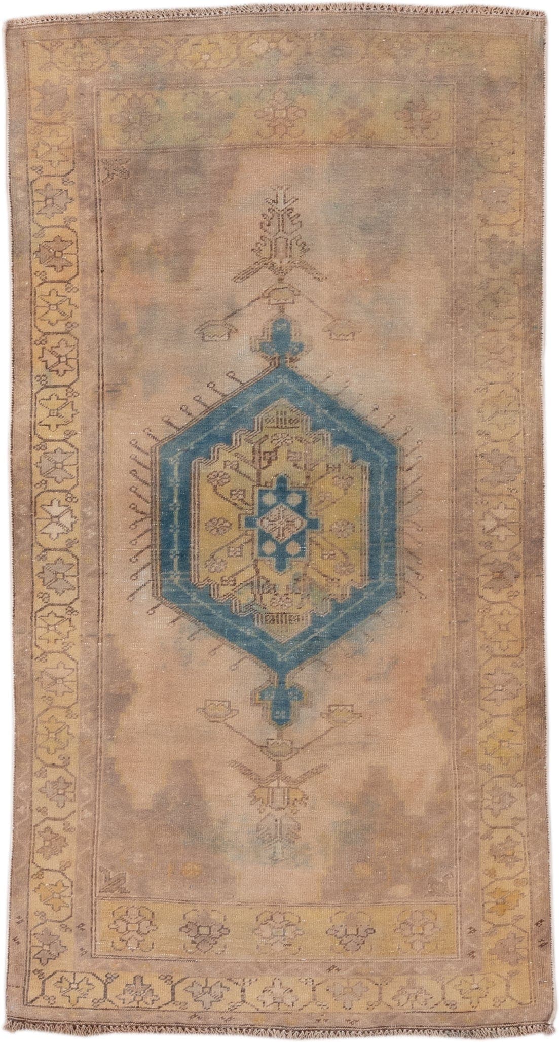 3' x 6' one-of-a-kind handmade antique Sarab small size rug. Color palette: taupe, camel, ivory, blue, sage, gold, brown