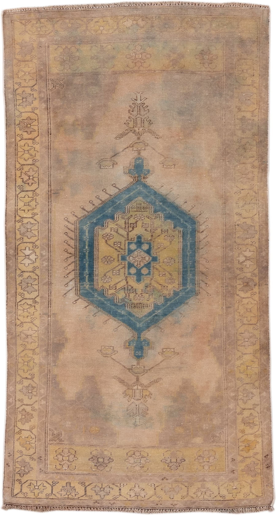 3' x 6' one-of-a-kind handmade antique Sarab small size rug. Color palette: taupe, camel, ivory, blue, sage, gold, brown
