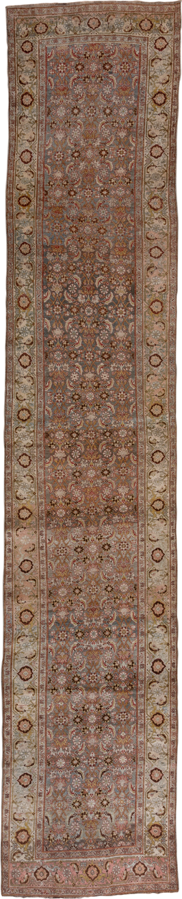 3' x 17' one-of-a-kind handmade antique Bidjar runner rug. Color palette: rose, ivory, slate blue, taupe, rust, camel, brown