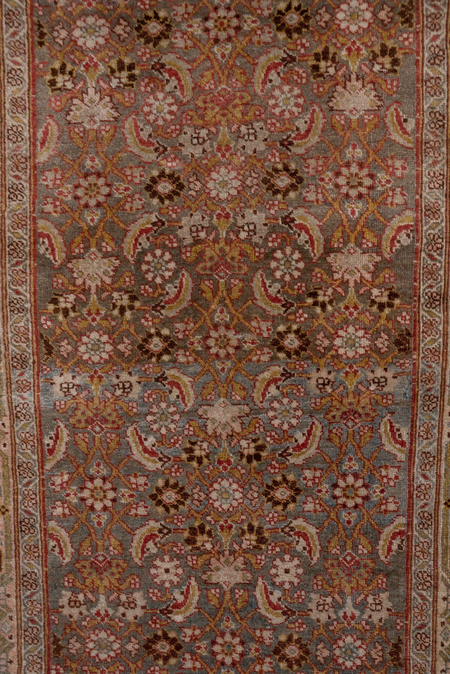 3' x 17' one-of-a-kind handmade antique Bidjar runner rug. Color palette: rose, ivory, slate blue, taupe, rust, camel, brown