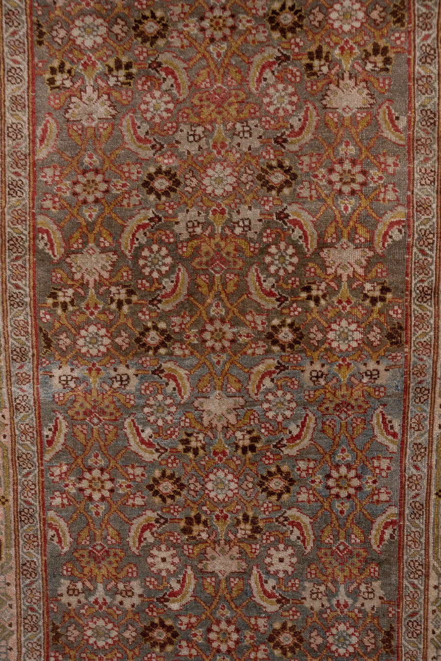 3' x 17' one-of-a-kind handmade antique Bidjar runner rug. Color palette: rose, ivory, slate blue, taupe, rust, camel, brown
