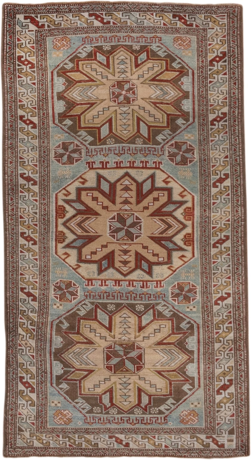 3' x 5' one-of-a-kind handmade antique Shirvan small size rug. Color palette: ivory, pale blue, rust, brown, camel, taupe