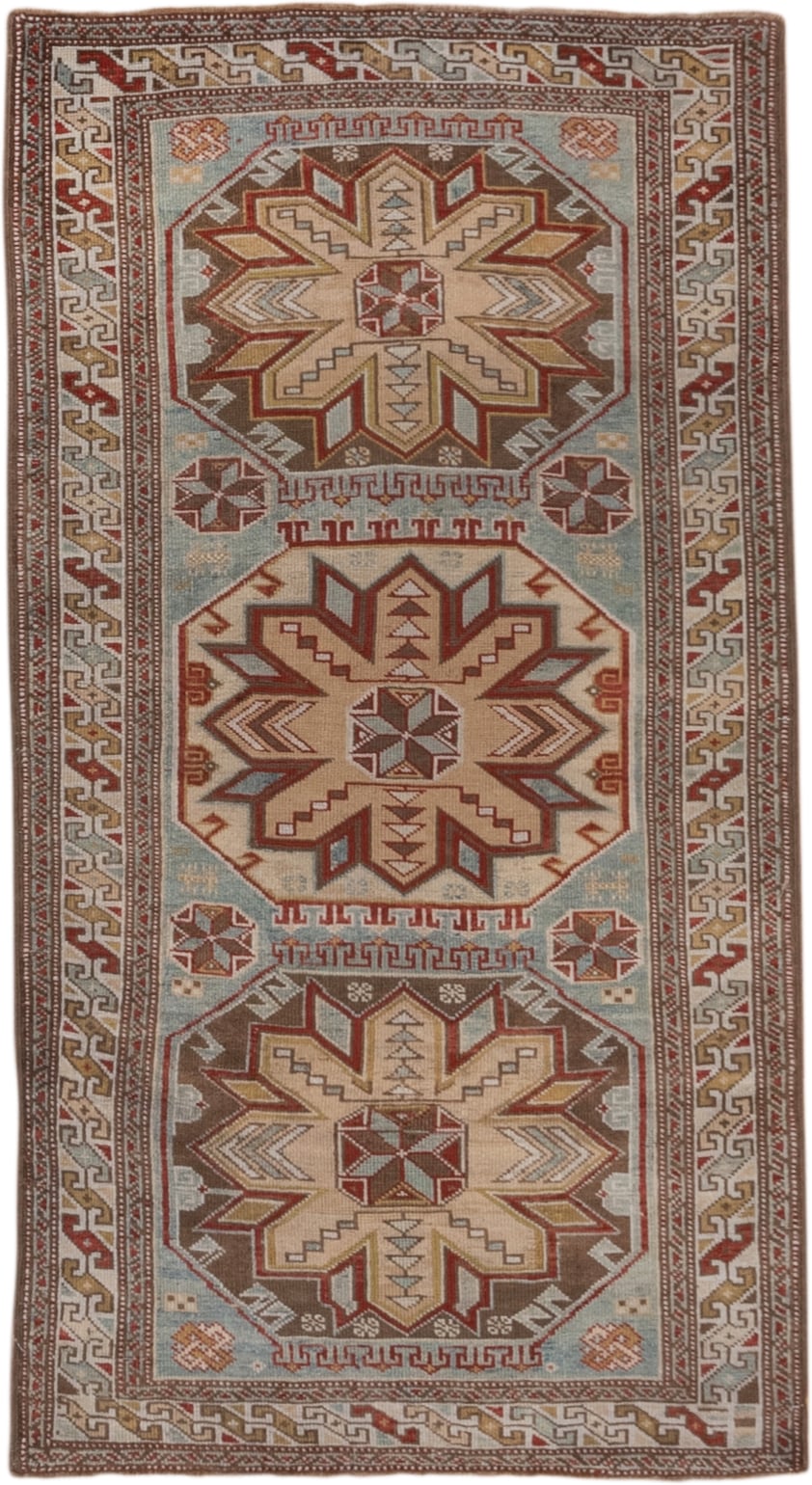 3' x 5' one-of-a-kind handmade antique Shirvan small size rug. Color palette: ivory, pale blue, rust, brown, camel, taupe