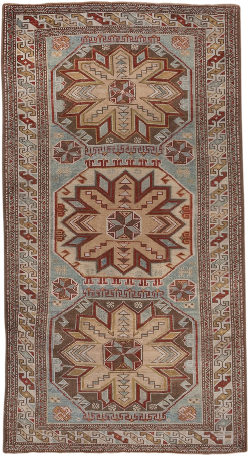 3' x 5' one-of-a-kind handmade antique Shirvan small size rug. Color palette: ivory, pale blue, rust, brown, camel, taupe
