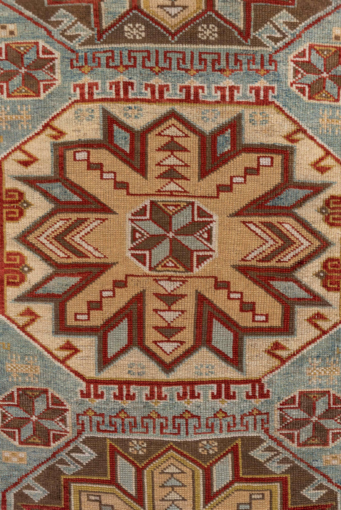 3' x 5' one-of-a-kind handmade antique Shirvan small size rug. Color palette: ivory, pale blue, rust, brown, camel, taupe