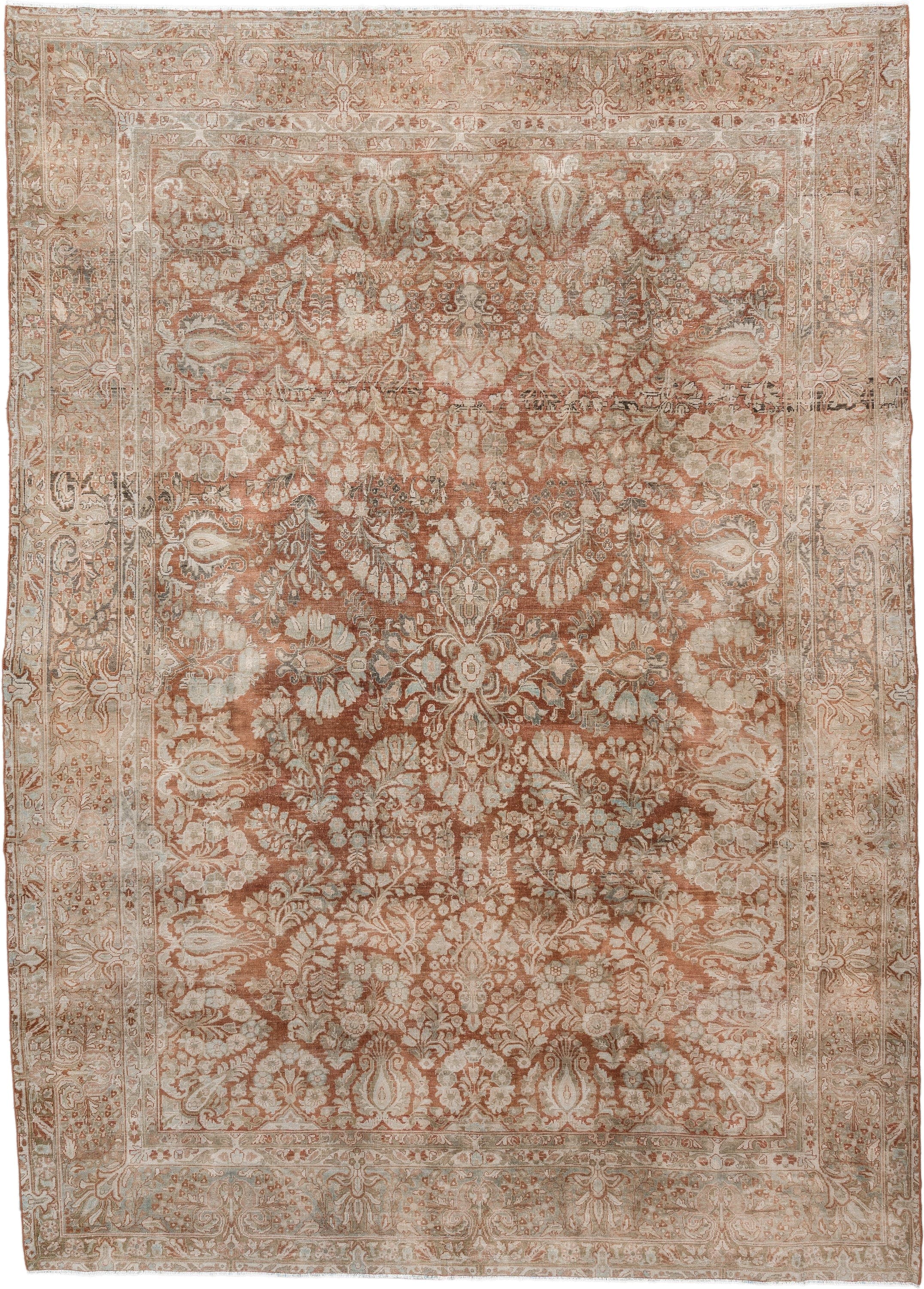 8' x 11' one-of-a-kind handmade antique Sarouk large size rug. Color palette: terracotta, ivory, taupe, camel, rose, sage