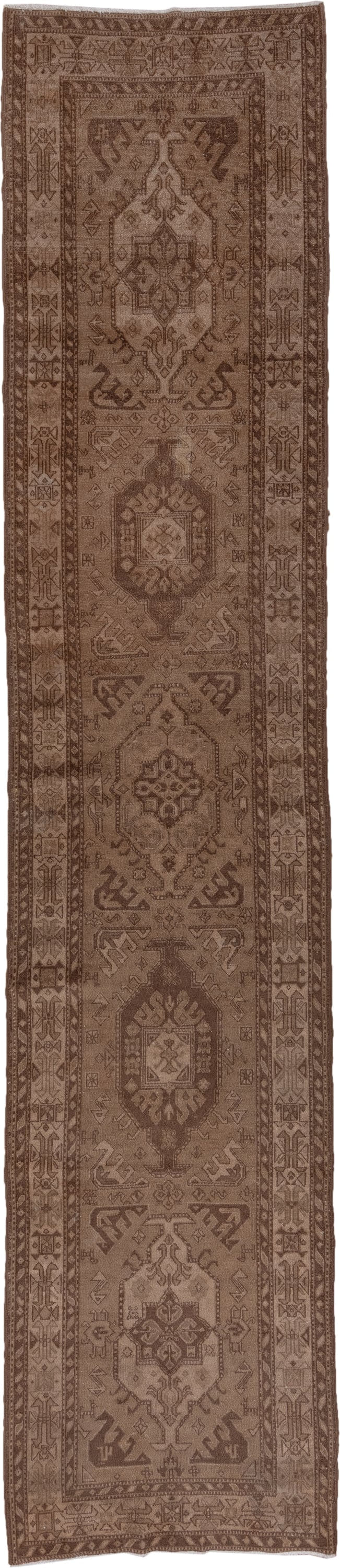 3' x 15' one-of-a-kind handmade antique NW Persian runner rug. Color palette: taupe, brown, camel, mocha, ivory, beige, gray