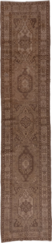 3' x 15' one-of-a-kind handmade antique NW Persian runner rug. Color palette: taupe, brown, camel, mocha, ivory, beige, gray