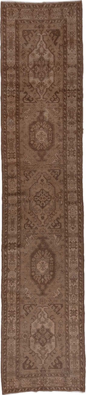 3' x 15' one-of-a-kind handmade antique NW Persian runner rug. Color palette: taupe, brown, camel, mocha, ivory, beige, gray