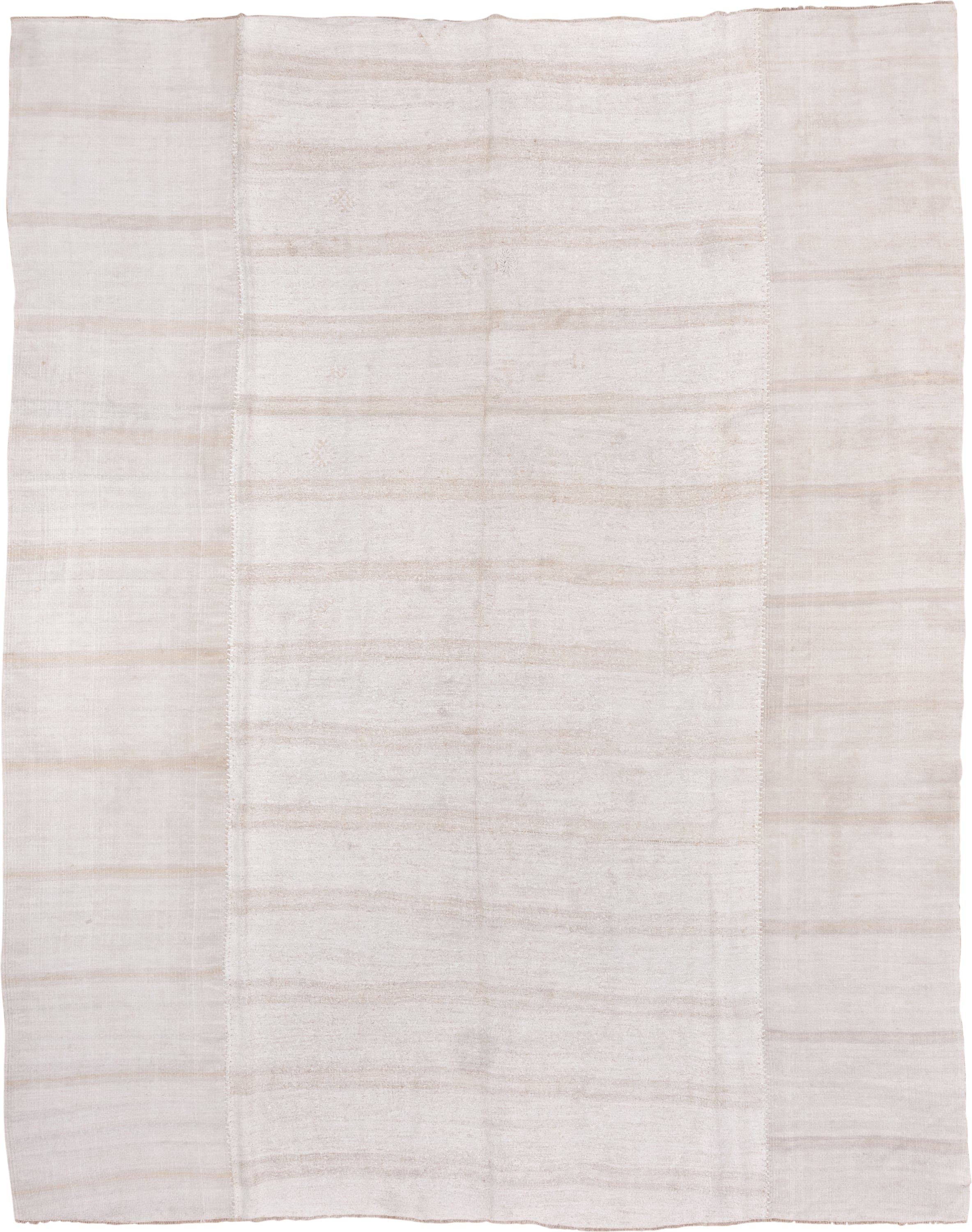 5' x 13' one-of-a-kind handmade vintage Hemp Kilim rug. Color palette: ivory, cream, beige, taupe, gray