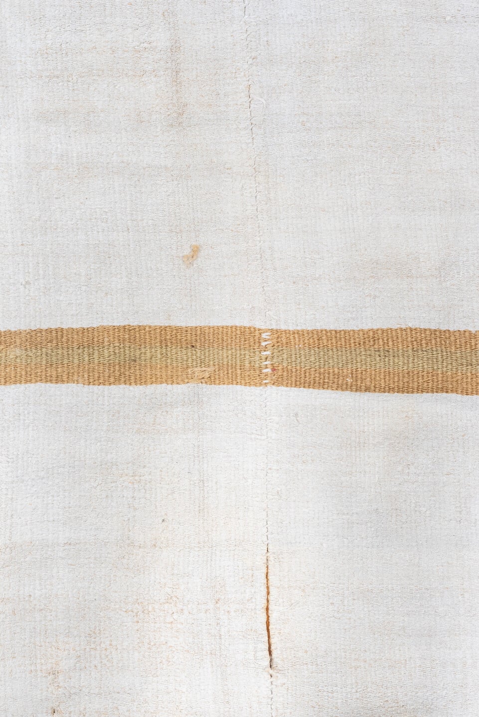 6' x 15' one-of-a-kind handmade antique Hemp Kilim rug. Color palette: ivory, camel, cream, beige