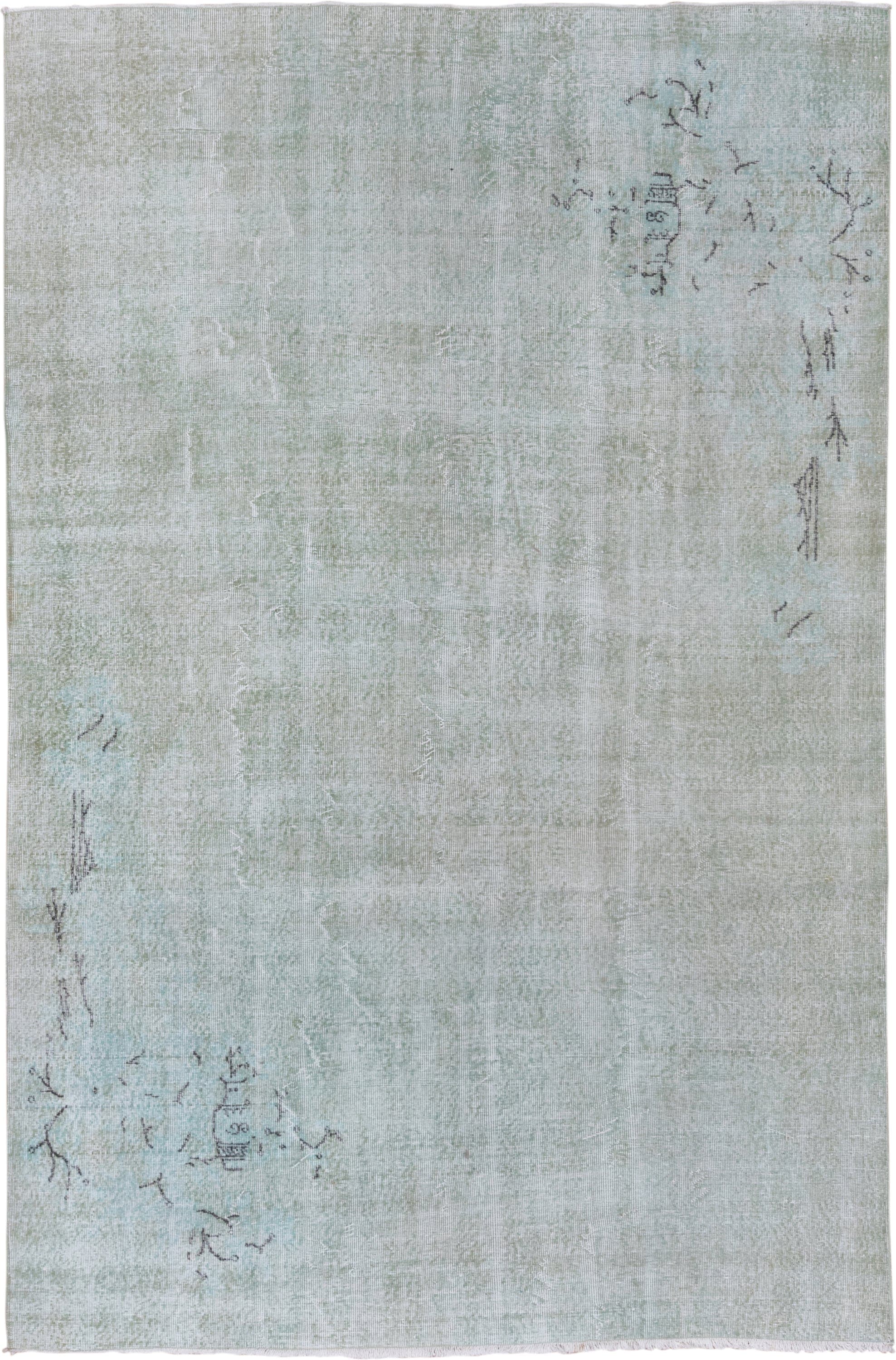 6' x 10' one-of-a-kind handmade vintage Sparta large size rug. Color palette: aqua, ivory, pale blue, sage, charcoal, teal