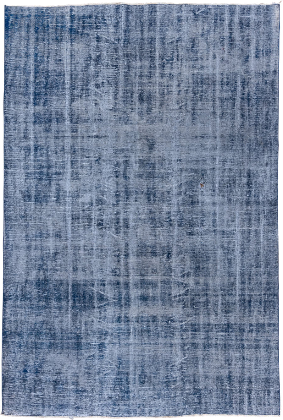 7' x 10' one-of-a-kind handmade vintage Overdyed large size rug. Color palette: blue, slate, ivory, gray