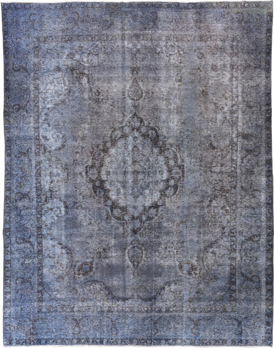 9' x 12' one-of-a-kind handmade antique Overdyed large size rug. Color palette: slate, steel blue, charcoal, ivory, gray